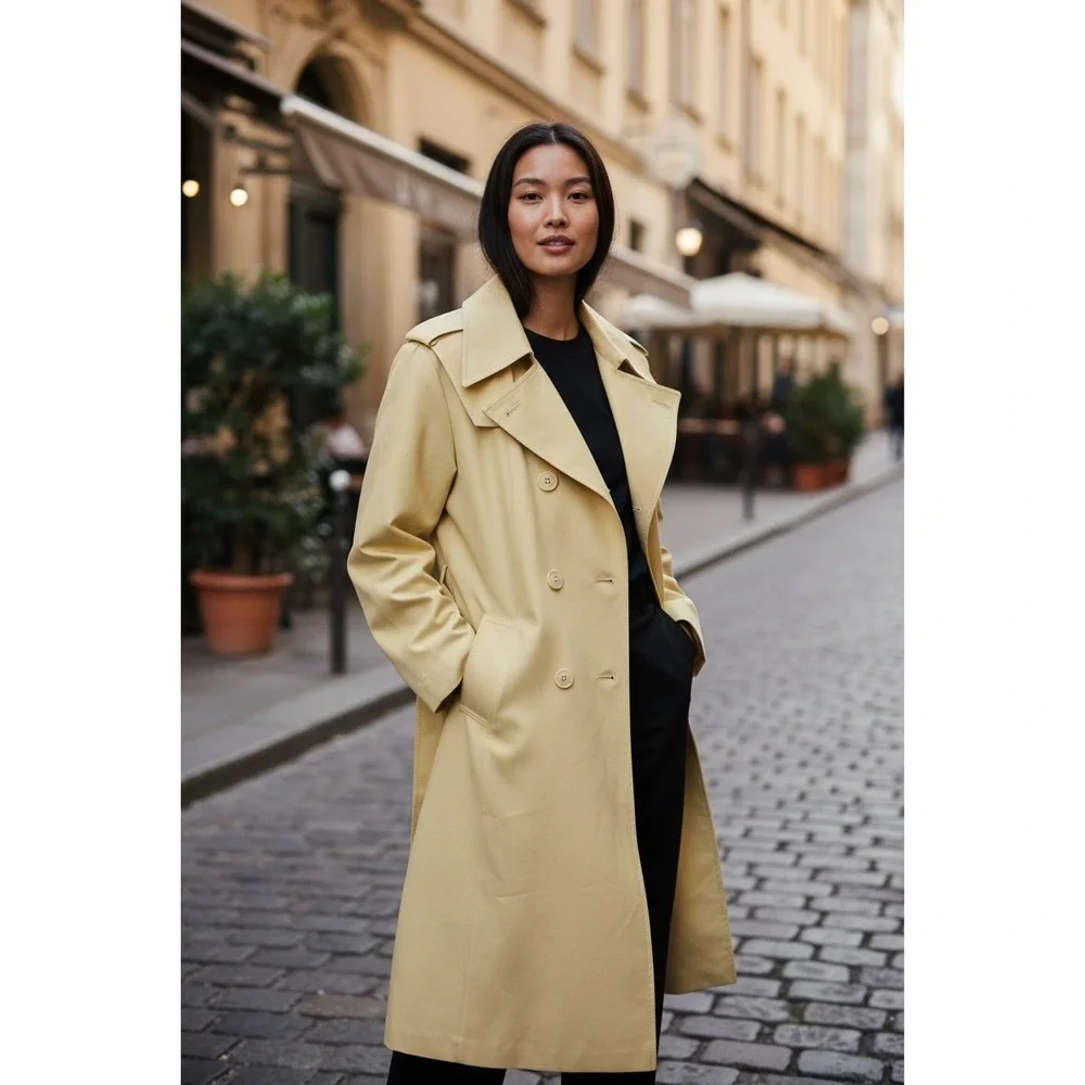 Vintage Yellow Double Breasted Trench Coat Belted Mod Oversized Collar‎ Size 10
